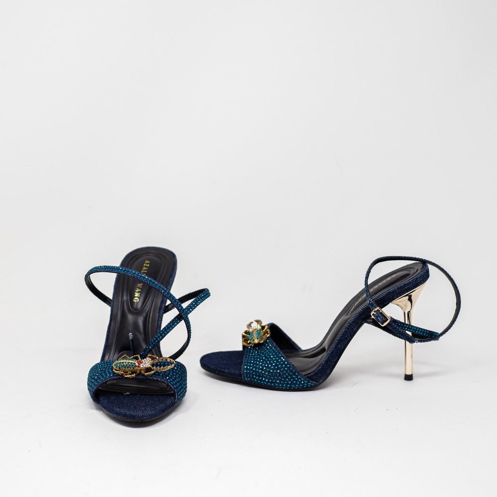 NEW Azalea Wang Treetok Rhinestone Crystal Jewel Denim Embellished High Heels 6